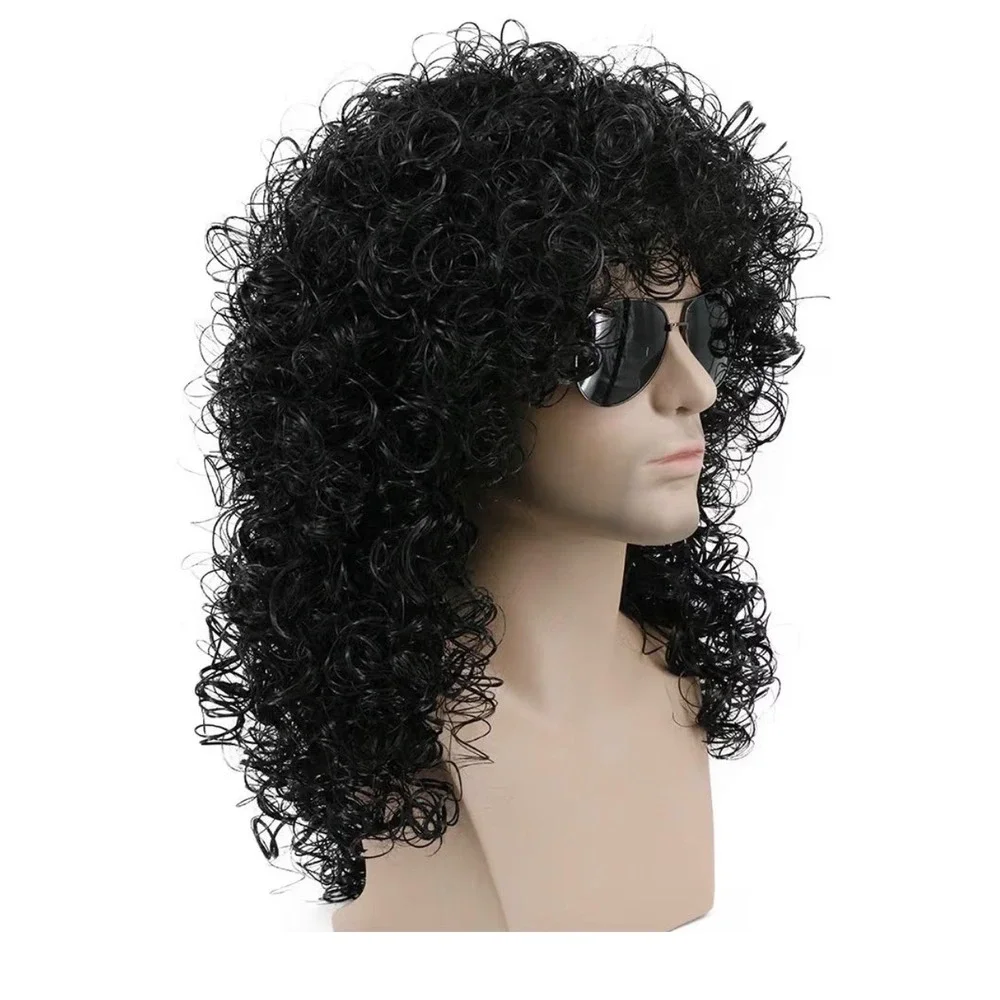 NWT Karlery Men's 70s 80s Long Curly Black Wig Afro Punk Rock Halloween